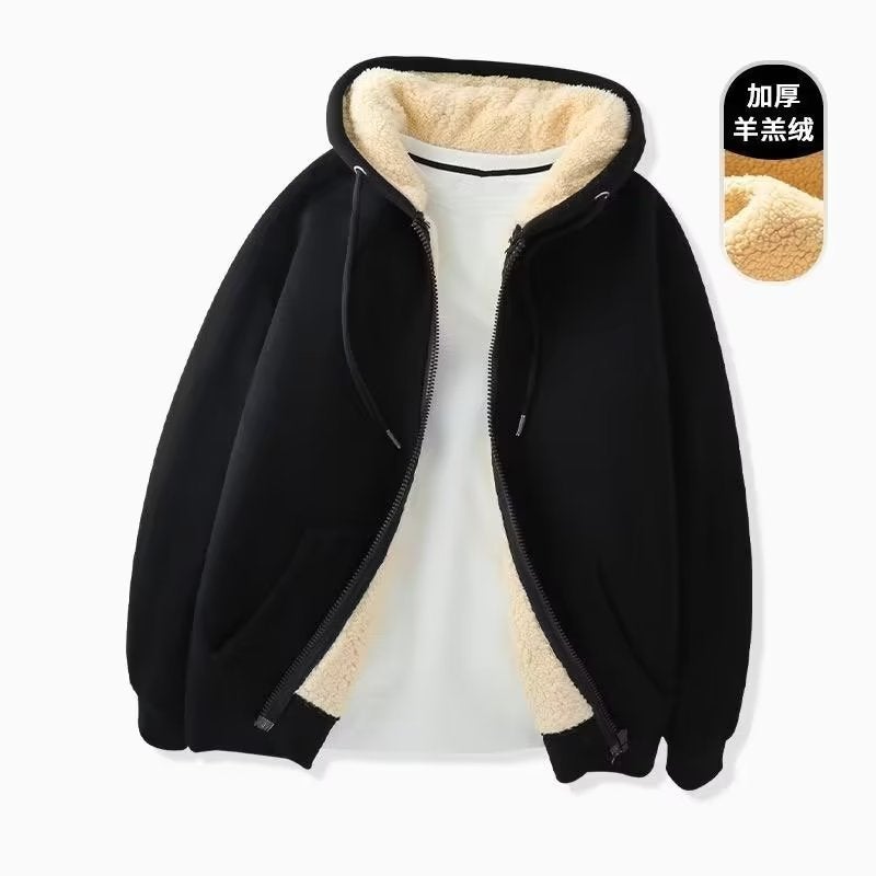 Zipper Sweatshirt Men'S 2025 Style Thickeneded And Velvet Loose Korean Style Pure Color Lamb Wool Hooded Jacket Top - Image 3
